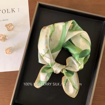 Green Blue Bellflower 100% Mulberry Silk Scarf, 53 x 53 cm Printed Square Neck and Hair Scarf