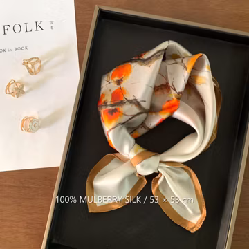 Orange Persimmon Garden 100% Mulberry Silk Scarf, 53 x 53 cm Printed Square Neck and Hair Scarf