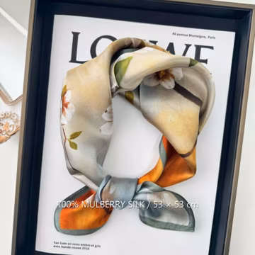 Heritage Peach Blossom 100% Mulberry Silk Scarf, 53 x 53 cm Printed Square Neck and Hair Scarf