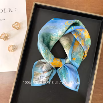 Gold Blue Painterly Meadow 100% Mulberry Silk Scarf, 53 x 53 cm Printed Square Neck and Hair Scarf