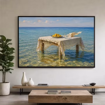 Coastal Still Life Canvas, Lemons on Table with Sea View, Ocean Landscape Wall Art, - Large Canvas Wall Art, Oversized Statement Piece