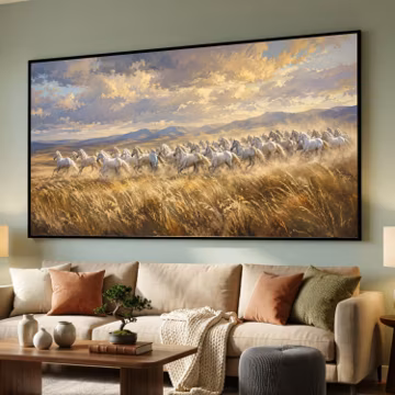 Majestic White Horses Galloping Canvas, Wild Herd Wall Art, Nature Landscape Painting, - Large Canvas Wall Art, Oversized Statement Piece