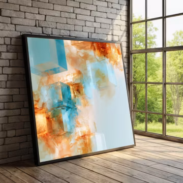 Abstract Geometric Cubes Canvas, Blue and Amber Modern Wall Art, Contemporary Home Decor, - Large Canvas Wall Art, Oversized Statement Piece