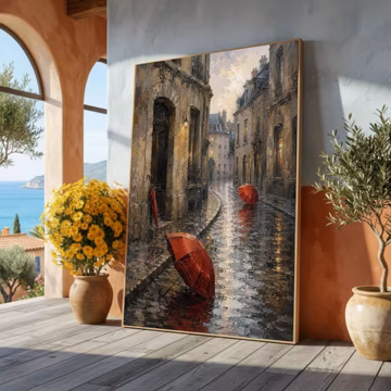 Rainy European Street Scene Canvas, Vintage Cityscape Wall Art, Red Umbrella Reflection, - Large Canvas Wall Art, Oversized Statement Piece
