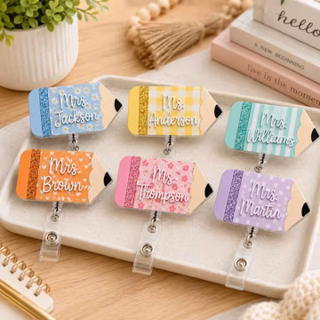 Personalized Pencil Badge Reel, Custom Teacher Name ID Holder, Pastel Back to School Acrylic Badge Clip