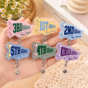 Personalized Teacher Badge Reel, Custom Grade Pennant ID Holder, Back to School Acrylic Badge Clip