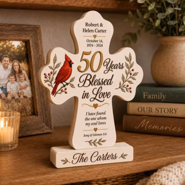Personalized 50th Anniversary Wooden Block: Custom Cardinal Couple Block, Religious Gift
