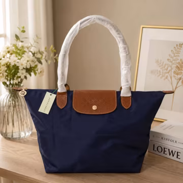 Longchamp Large Navy Nylon Tote Bag, Leather Trim Foldable Shoulder Bag, Lightweight Everyday Travel Carryall Purse