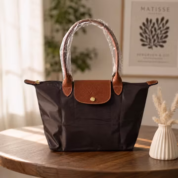 Longchamp Large Brown Nylon Tote Bag, Leather Trim Foldable Shoulder Bag, Lightweight Everyday Travel Carryall Purse