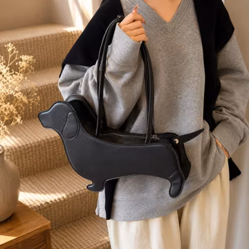 Dachshund Shoulder Bag, Cute Wiener Dog Purse, Black Dog Handbag, Retro PU Leather Tote, Sausage Dog Bag, Gift for Dog Lovers