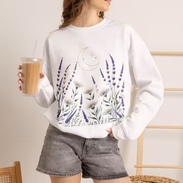 Moonlit Lavender Garden Sweatshirt, Celestial Wildflower Crewneck, Witchy Cottagecore Botanical Gift, Moon and Stars Present