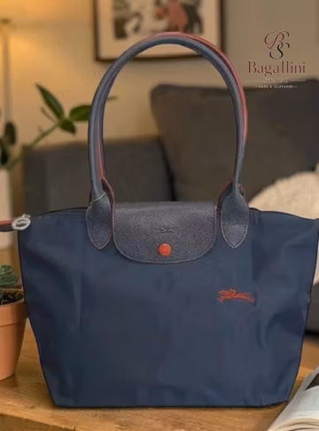 Longchamp Navy Blue Large Nylon Tote Bag, Travel Shoulder Purse Gift for Her, Foldable Lightweight Everyday Handbag with Leather Trim,