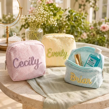 Custom Seersucker Mini Makeup Bag, Bachelorette Party Favors, Girls Trip Vacation Gift