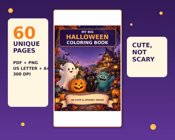 Halloween Coloring Book, 60 Spooky Pages, Kids Ages 4-10 (PDF PNG Bundle)