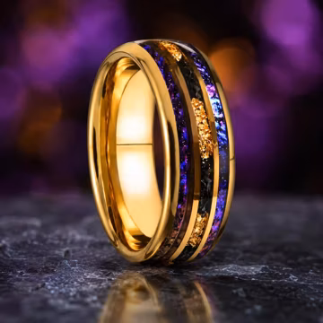 8mm Nebula Rose Gold Tungsten Carbide Ring, Gold Flakes Starry Sky Sandstone Band