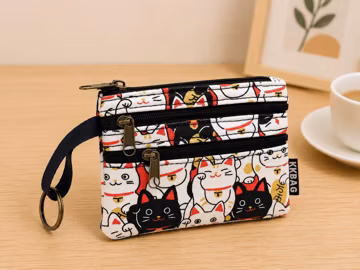 Kawaii Canvas Wristlet Pouch, Triple Zipper Card Holder, Keychain Wallet for Women