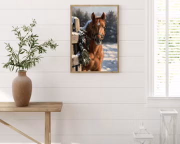 Vintage Chestnut Horse Winter Painting, Equestrian Christmas Wall Art (Digital Download)