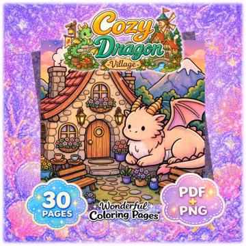 Cozy Dragon Village Coloring Pages | Kawaii Fantasy Book PDF PNG Pages