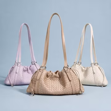 Handwoven Intrecciato Genuine Leather Shoulder Bag, Drawstring Ruched Hobo Purse Multi Pastel Colors
