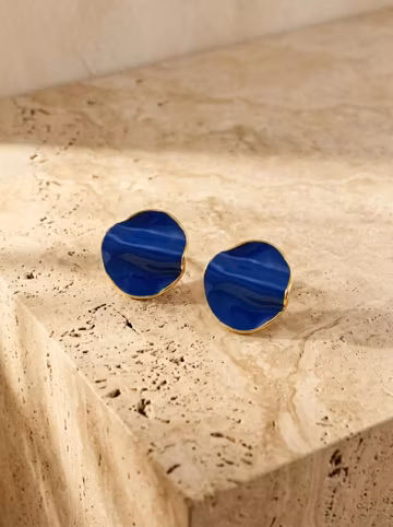 Cobalt Blue Enamel Earrings, Sculptural Gold Stud Earrings, Organic Round Earrings, Blue Statement Studs, Modernist Jewelry, Gift for Her