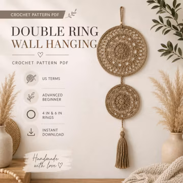 Double Ring Crochet Wall Hanging Pattern, Boho Mandala Hoop Decor, Tassel Home Decoration, PDF Digital Download