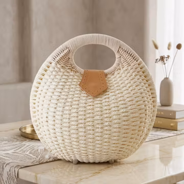 Rattan Handbag Handwoven Round Top Handle Summer Bag