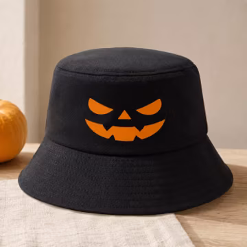 Halloween Bucket Hat | Orange Evil Face Black Cap | Spooky Festival Headwear | Embroidered Patch Hat | Unisex Streetwear Accessory