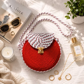 Handmade Round Rope Crossbody Bag, Red & White Circular Purse, Boho Shoulder Bag, Cotton Rope Handbag, Women's Gift