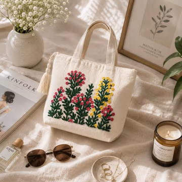 Embroidered Floral Tote Bag, Handmade Cotton Shoulder Bag, Boho Flower Tote, Reusable Shopping Bag, Eco Friendly Gift for Her