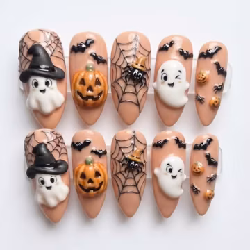 Cute 3D Halloween Press on Nails | Spooky Ghost, Pumpkin Spider Web Art | Kawaii Fall Hand-painted False | Trendy Autumn Glue-ons TR0909