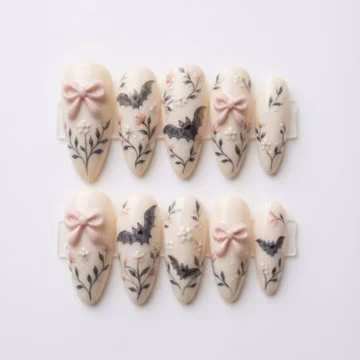 Romantic Coquette Bat Press On Nails | Soft Goth Pink 3D Bow Floral Nails | Hand-Painted Spooky Cute Luxury Fake Nails | Almond Shape TR0909