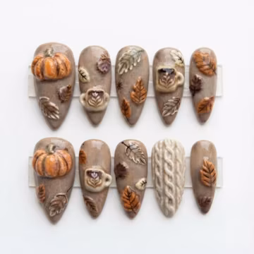 3D Fall Press On Nails | Handmade Pumpkin Spice Latte Art Autumn Leaves | Luxury Cozy Sweater Texture Nails | Brown Earthy Fake Nails TR0909