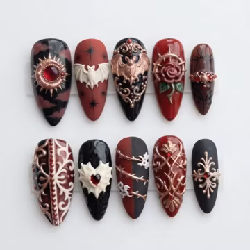 Gothic Vampire Press On Nails | Luxury 3D Bat Red Rose Nails, Dark Victorian Romance False, Handmade Stiletto| Spooky Halloween Nails TR0909