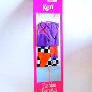 Ken Doll Check Shorts Purple Sleeveless Shirt and Sandals, Ken Doll Clothes New in Box, NRFB Mattel Ken Doll Shorts Outfit