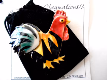 EXCLAYMATIONS 22KT Gold Trim Rooster Pin, Art to Wear Handcrafted Rooster Pin, NOS Colorful Clay Rooter Pin 22K Gold Trim