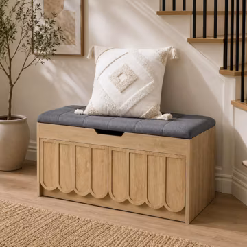 Shoe Storage Bench with Cushion, Scalloped Shoe Cabinet, Entryway Bench with 2 Doors, 2-Tier Shoe Rack Organizer, Hallway Storage