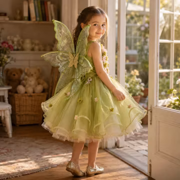 Girls Fairy Dress - Green Woodland Costume, Optional Wings, Birthday Dress-Up
