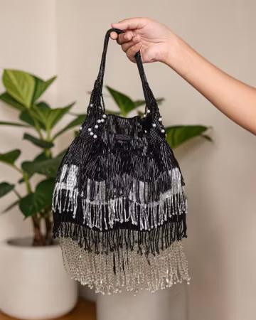 Black Beaded Fringe Bag, Black Silver Shoulder Purse, Beaded Evening Handbag, Statement Party Bag, Indian Wedding Gift, Boho Clutch