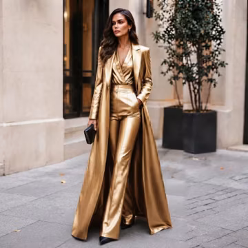 Women's Gold Leather Duster Coat, Long Trench Coat, Gothic Outerwear