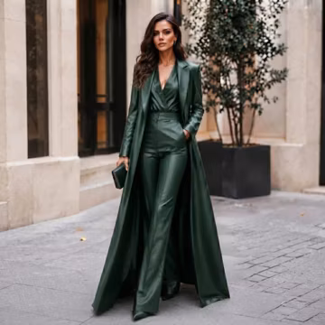 Women's Green Leather Duster Coat, Long Trench Coat, Gothic Outerwear