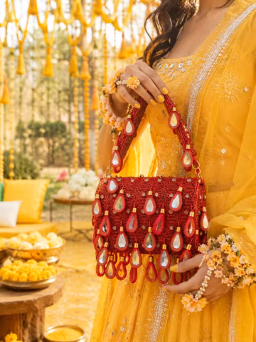 Boho Bridal Beaded Bag | Mirror Work Indian Clutch for Haldi Mehendi, Festive Handbag