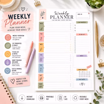 Printable Weekly Planner: Undated Schedule Template, To Do List, Goodnotes Insert Pages (PDF Download)