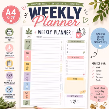 Printable Weekly Planner: Undated Schedule Template, To Do List, Goodnotes Insert Pages (PDF Download)
