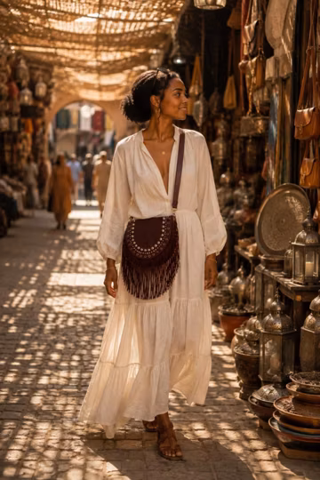 Handmade Moroccan Leather Fringe Crossbody Bag, Studded Western Boho Purse