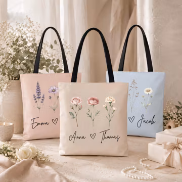 Personalized Floral Wedding Tote Bag, Custom Names Botanical Bride Bag, Bride Tote Bag, Bridesmaid Gift, Bridal Shower Gift