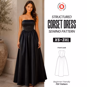 Corset Evening Dress Sewing Pattern, Strapless Midi Gown (PDF Pattern)
