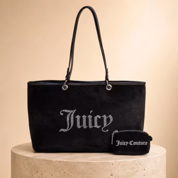 Juicy Couture Black Velour Tote Bag, Kimberley Rhinestone Shoulder Bag, Large Shopping Handbag with Matching Pouch, Gift for Her