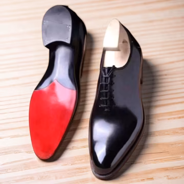Men's Black Calf Leather Oxford Shoes Whole Cut Chisel Toe in red sole