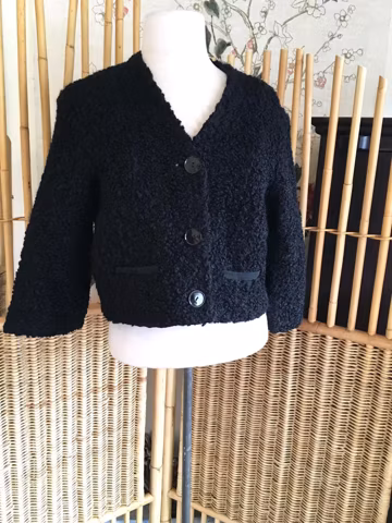 Vintage 50s Black Curly Lambswool Jacket Short with Quarter Sleeves