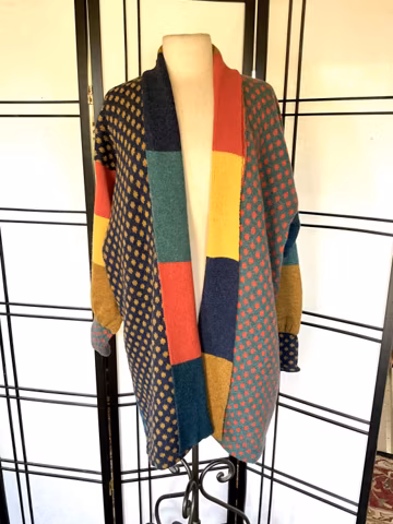 Vintage 80s Wool Cardigan Sweater Designer Knitwear England Unique Patchwork Design